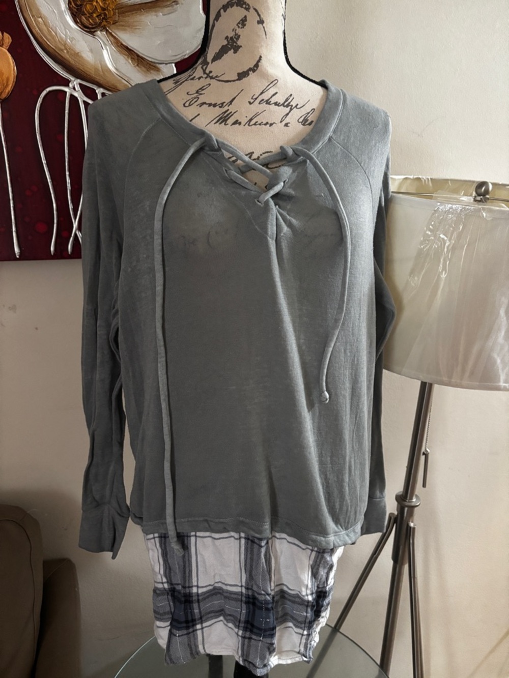 Daytrip Gray Lace-Up Tunic with Plaid Layered Hem